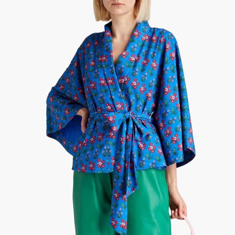 Rhode Suki Floral Wrap Effect Crepe Top in Blue Multi
